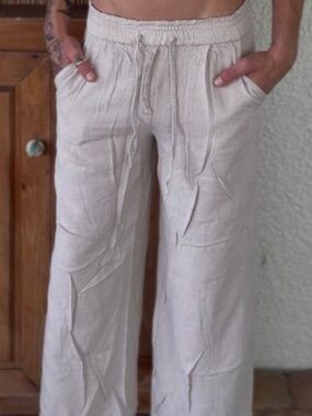 H&M Beige Viscose Linen Blend Wide Leg Pants Size 2